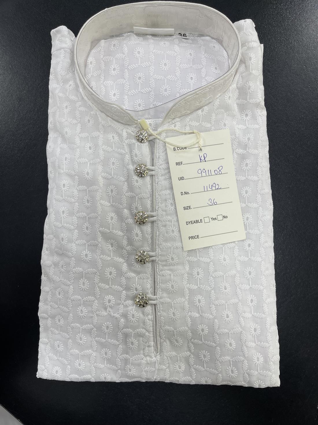 White Printed Mens Chicken Cotton Kurta Pyjama