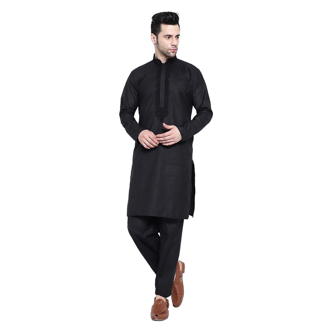 Black Mens Kurta Shalwar with Hand Embellishments
