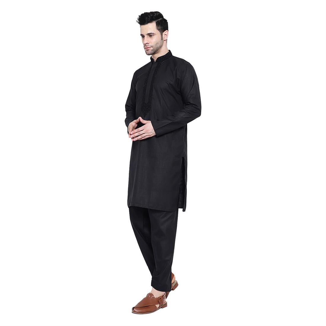 Black Mens Kurta Shalwar with Hand Embellishments
