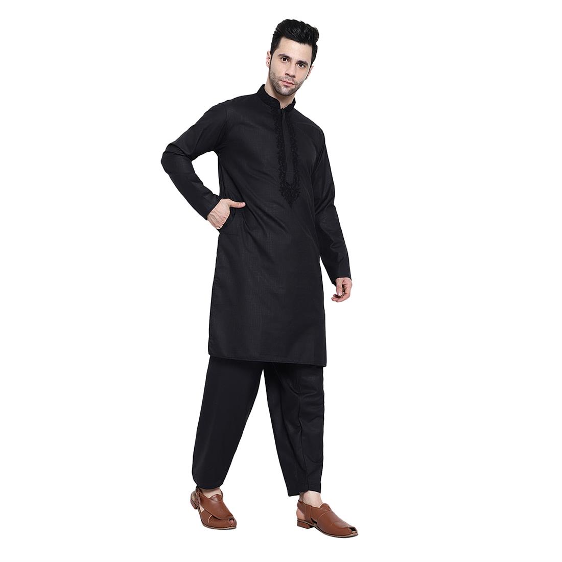 Black Mens Kurta Shalwar with Hand Embellishments