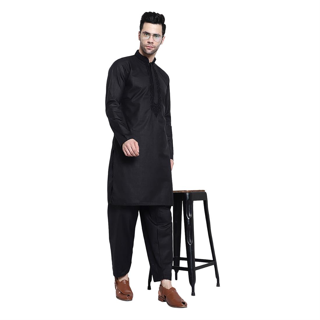 Black Mens Kurta Shalwar with Hand Embellishments