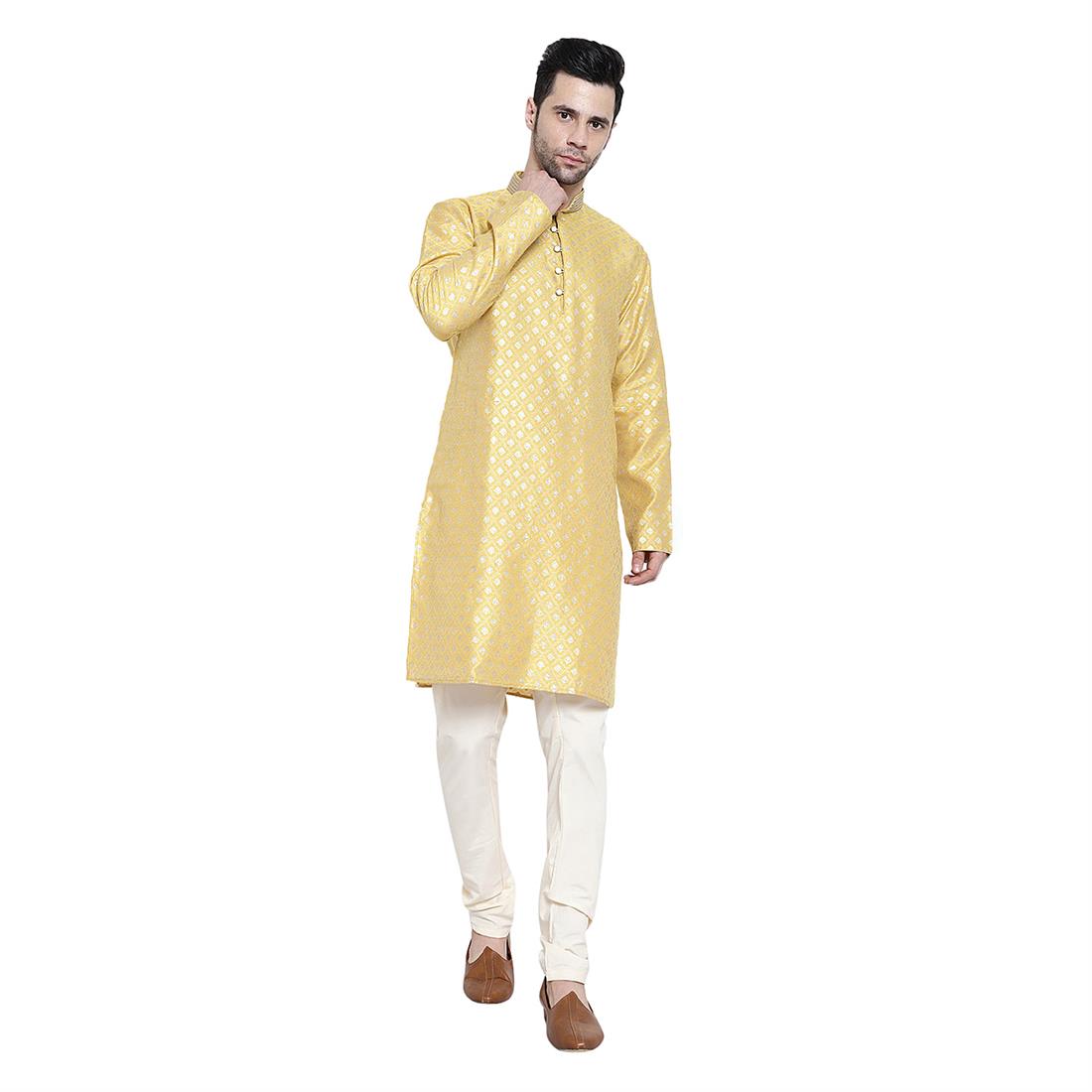 Mens Brocade Beige Kurta Pyjama with hand embellishment