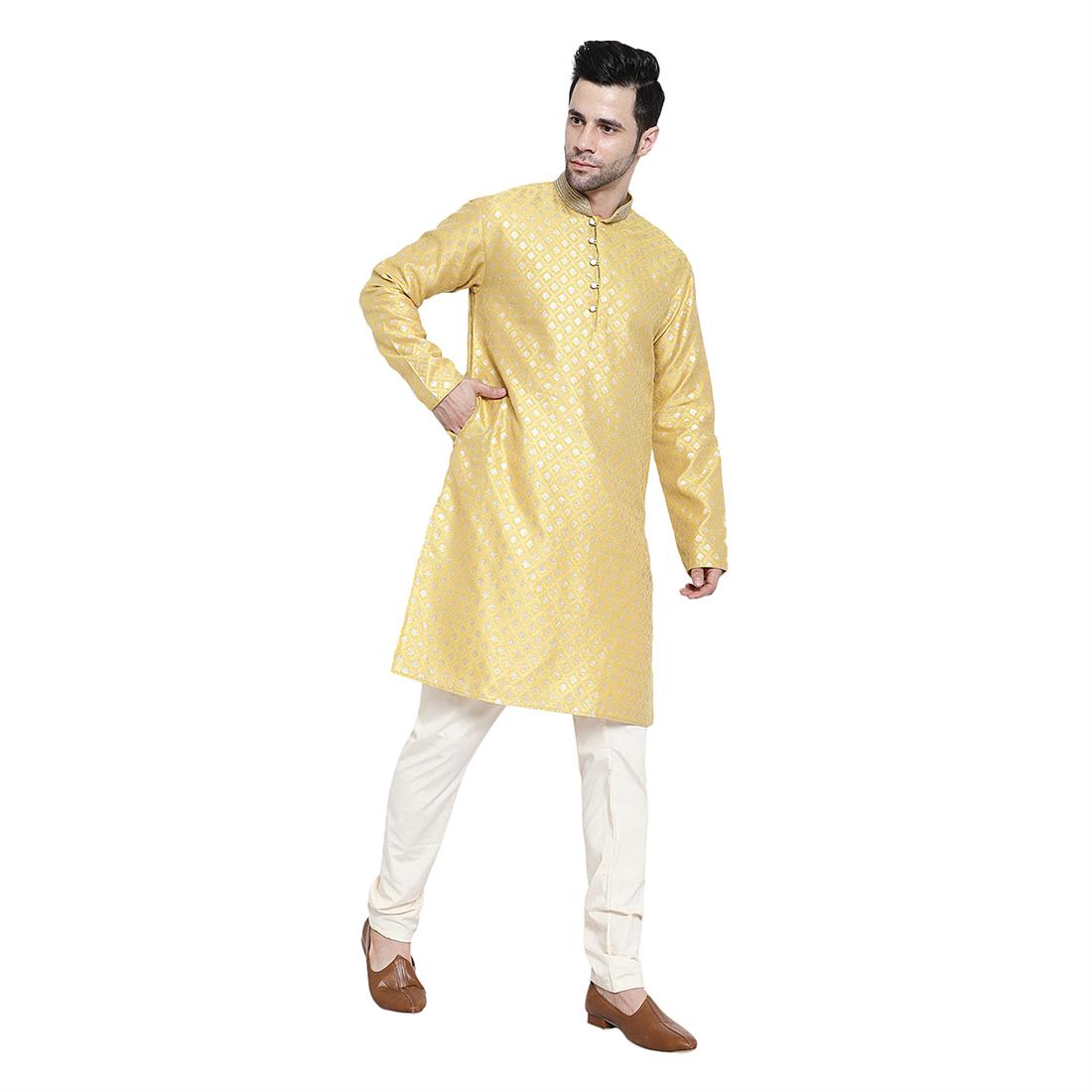 Mens Brocade Beige Kurta Pyjama with hand embellishment