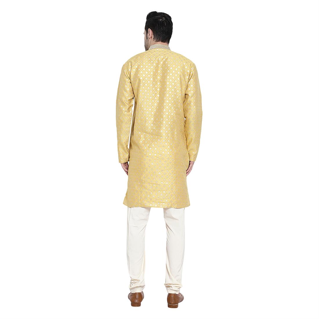 Mens Brocade Beige Kurta Pyjama with hand embellishment