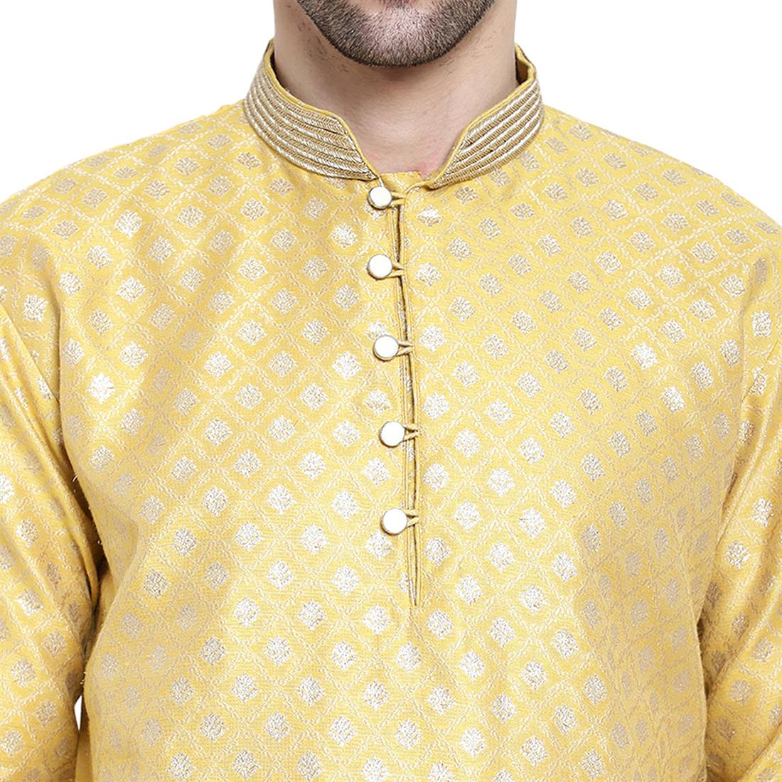 Mens Brocade Beige Kurta Pyjama with hand embellishment