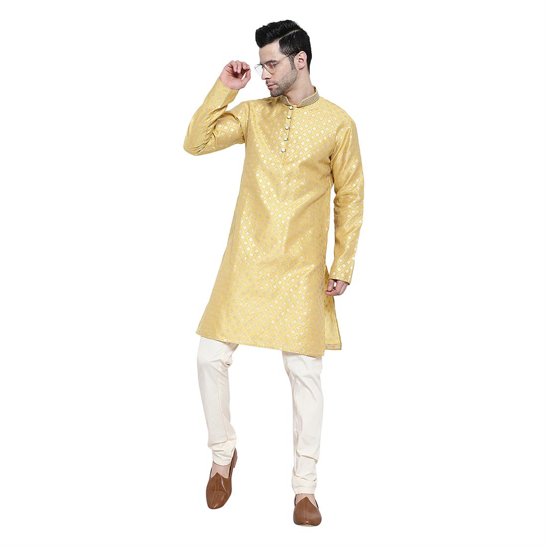 Mens Brocade Beige Kurta Pyjama with hand embellishment