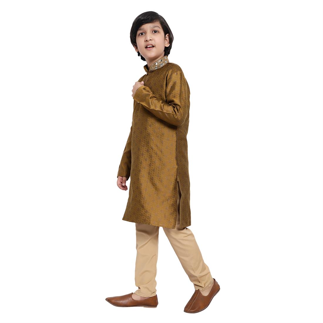 Boys Brocade Kurta Pyjama with hand embellishment. Please note colours may vary slightly due to different screen settings and photo shoot.