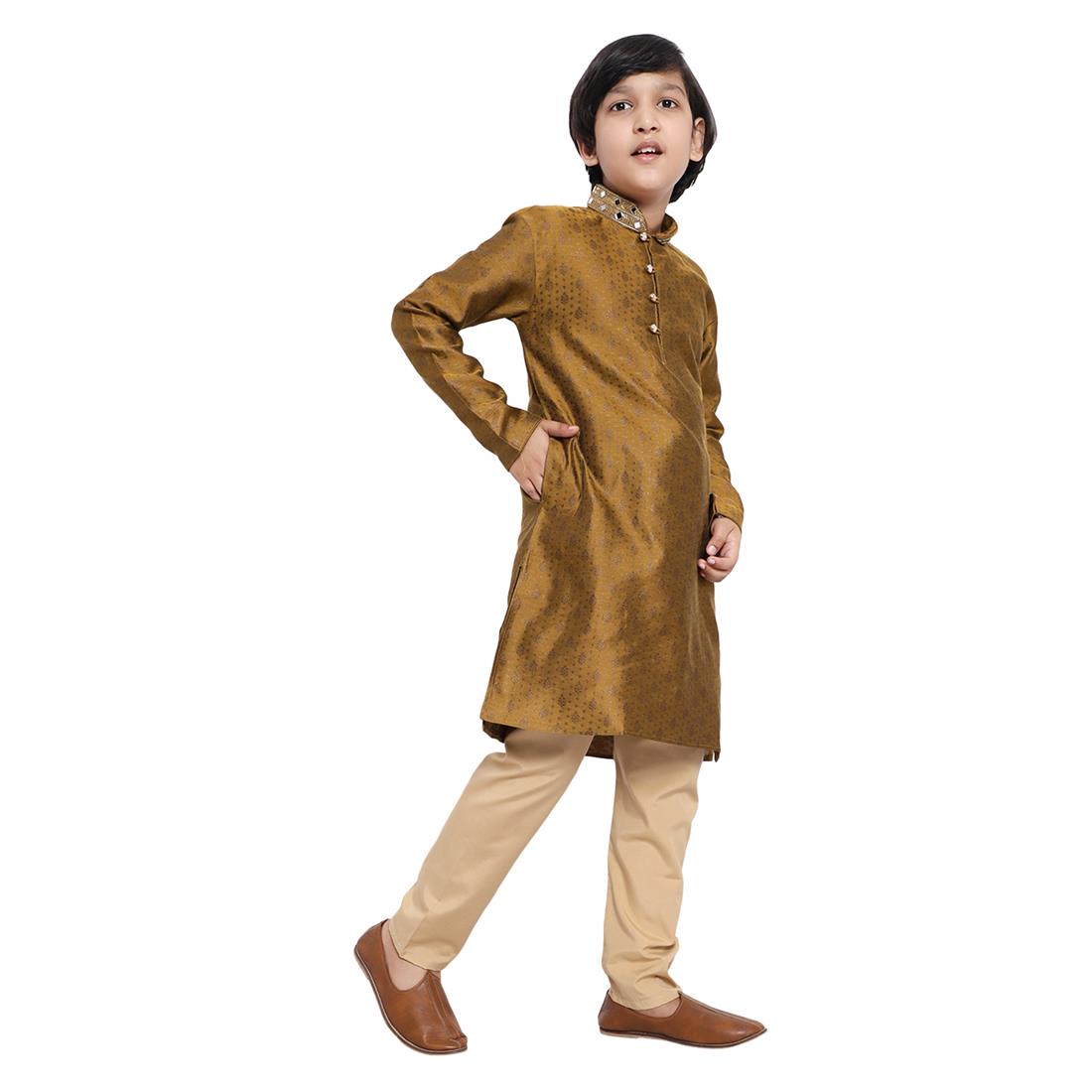 Boys Brocade Kurta Pyjama with hand embellishment. Please note colours may vary slightly due to different screen settings and photo shoot.