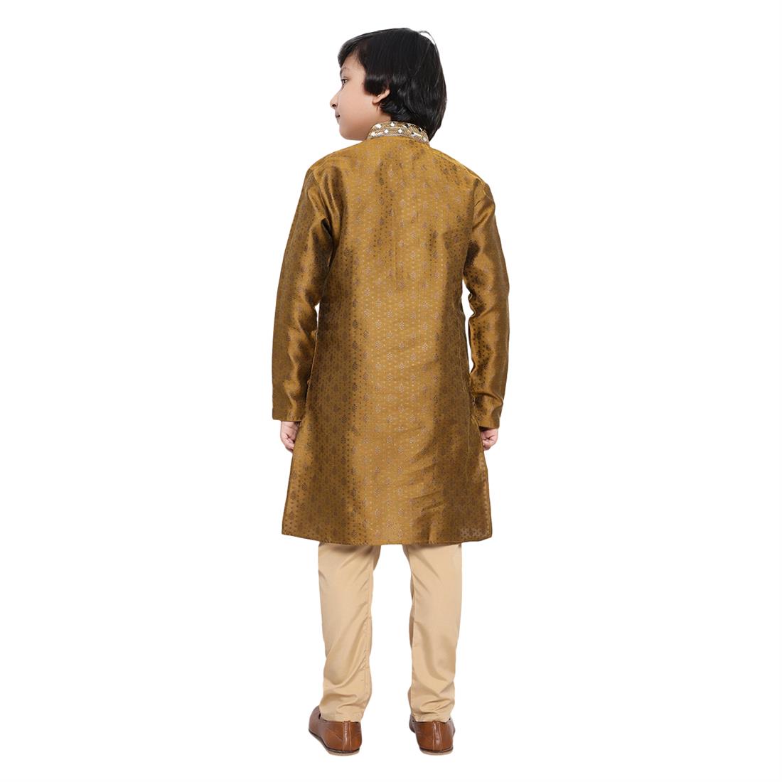 Boys Brocade Kurta Pyjama with hand embellishment. Please note colours may vary slightly due to different screen settings and photo shoot.