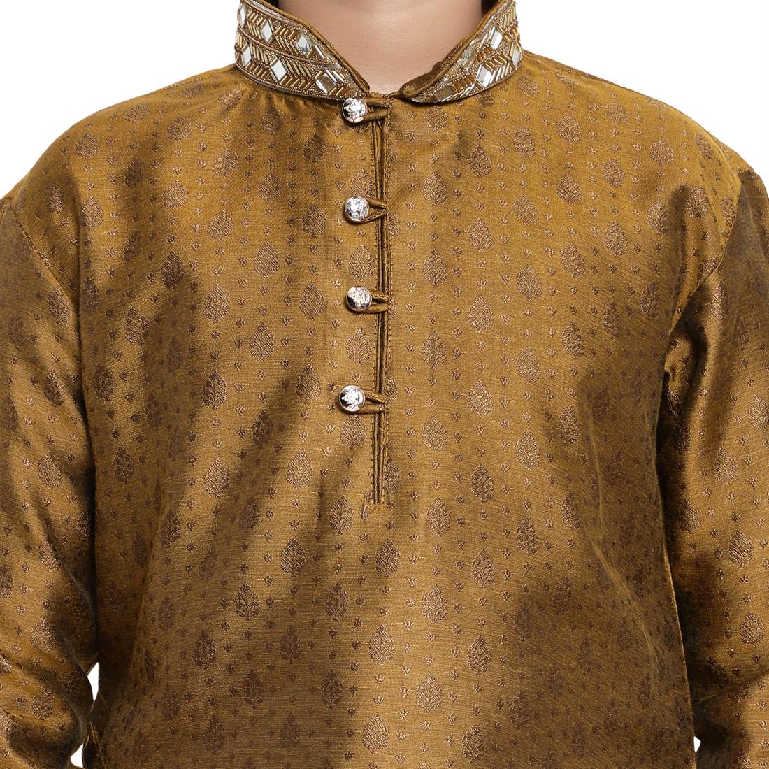 Boys Brocade Kurta Pyjama with hand embellishment. Please note colours may vary slightly due to different screen settings and photo shoot.
