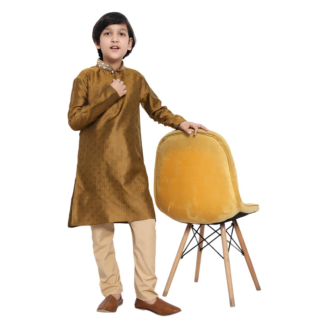 Boys Brocade Kurta Pyjama with hand embellishment. Please note colours may vary slightly due to different screen settings and photo shoot.