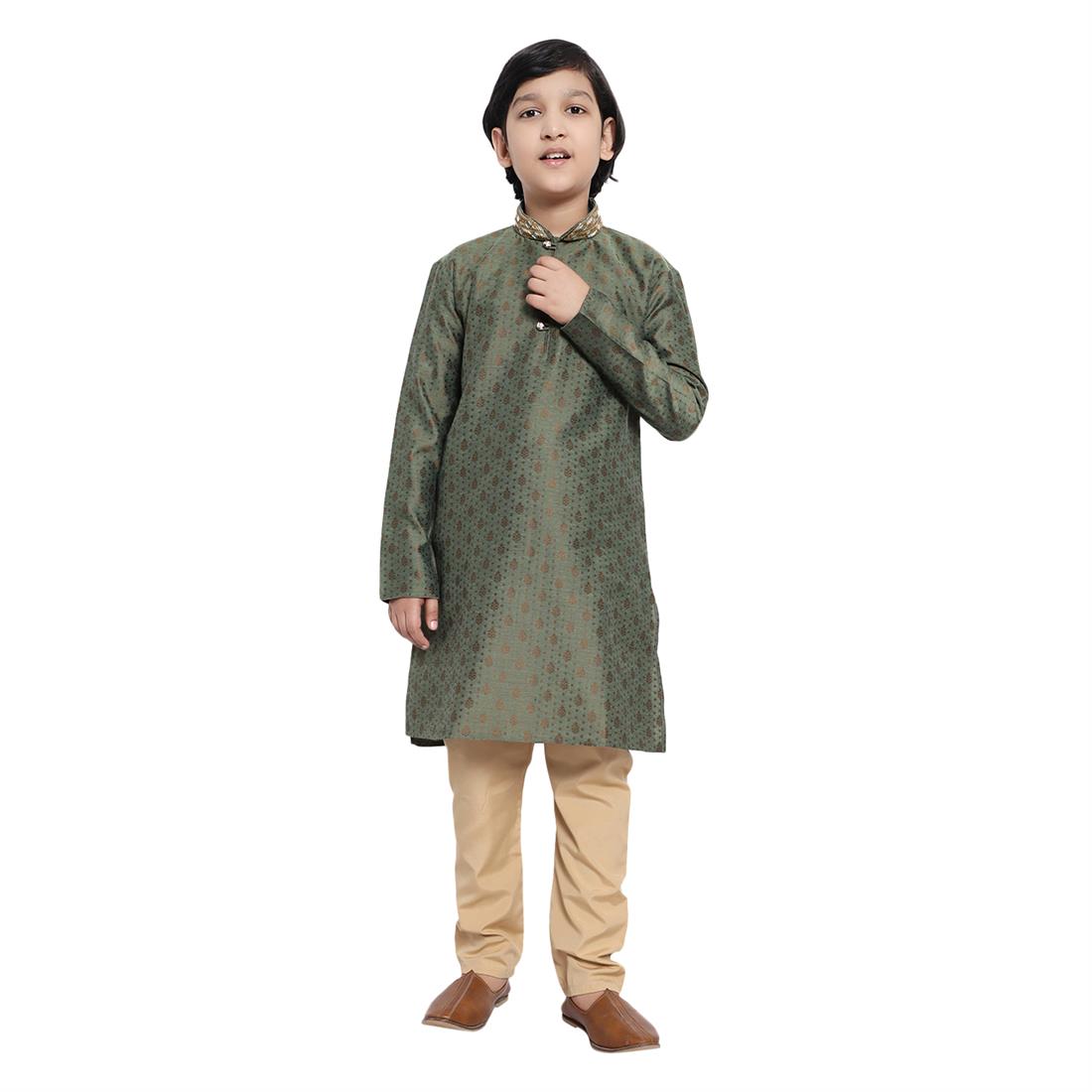 Boys Brocade Kurta Pyjama with hand embellishment. Please note colours may vary slightly due to different screen settings and photo shoot.