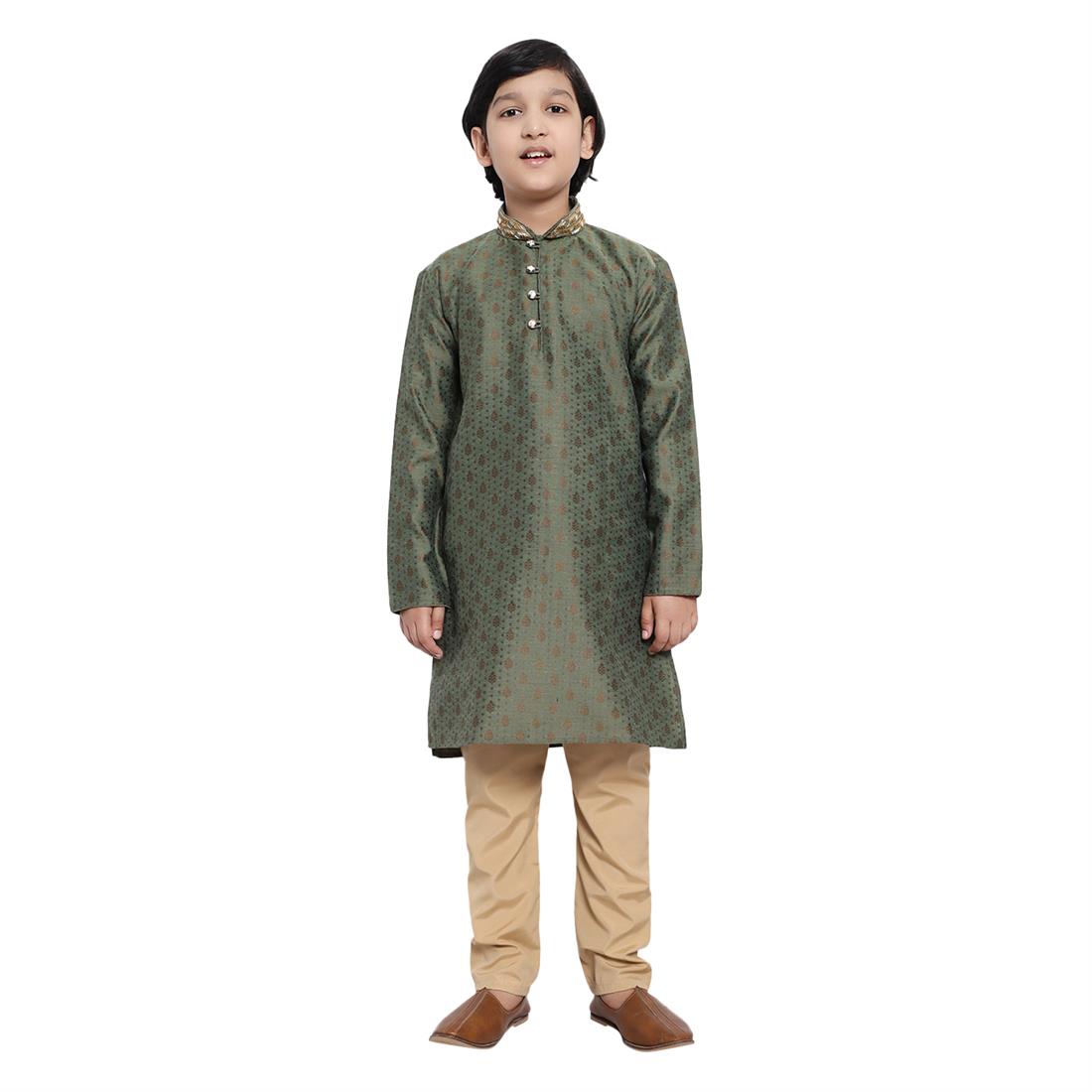 Boys Brocade Kurta Pyjama with hand embellishment. Please note colours may vary slightly due to different screen settings and photo shoot.