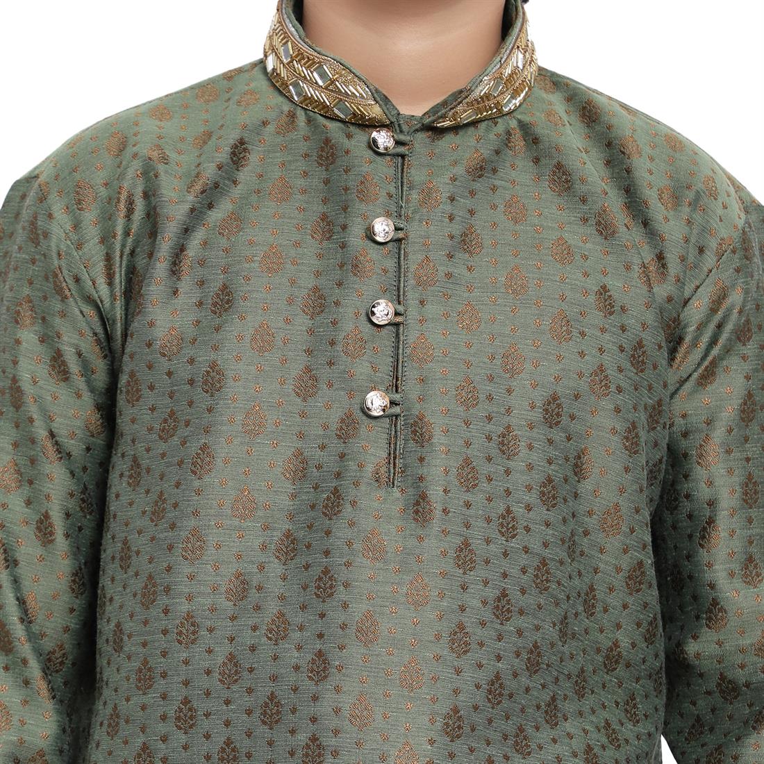 Boys Brocade Kurta Pyjama with hand embellishment. Please note colours may vary slightly due to different screen settings and photo shoot.