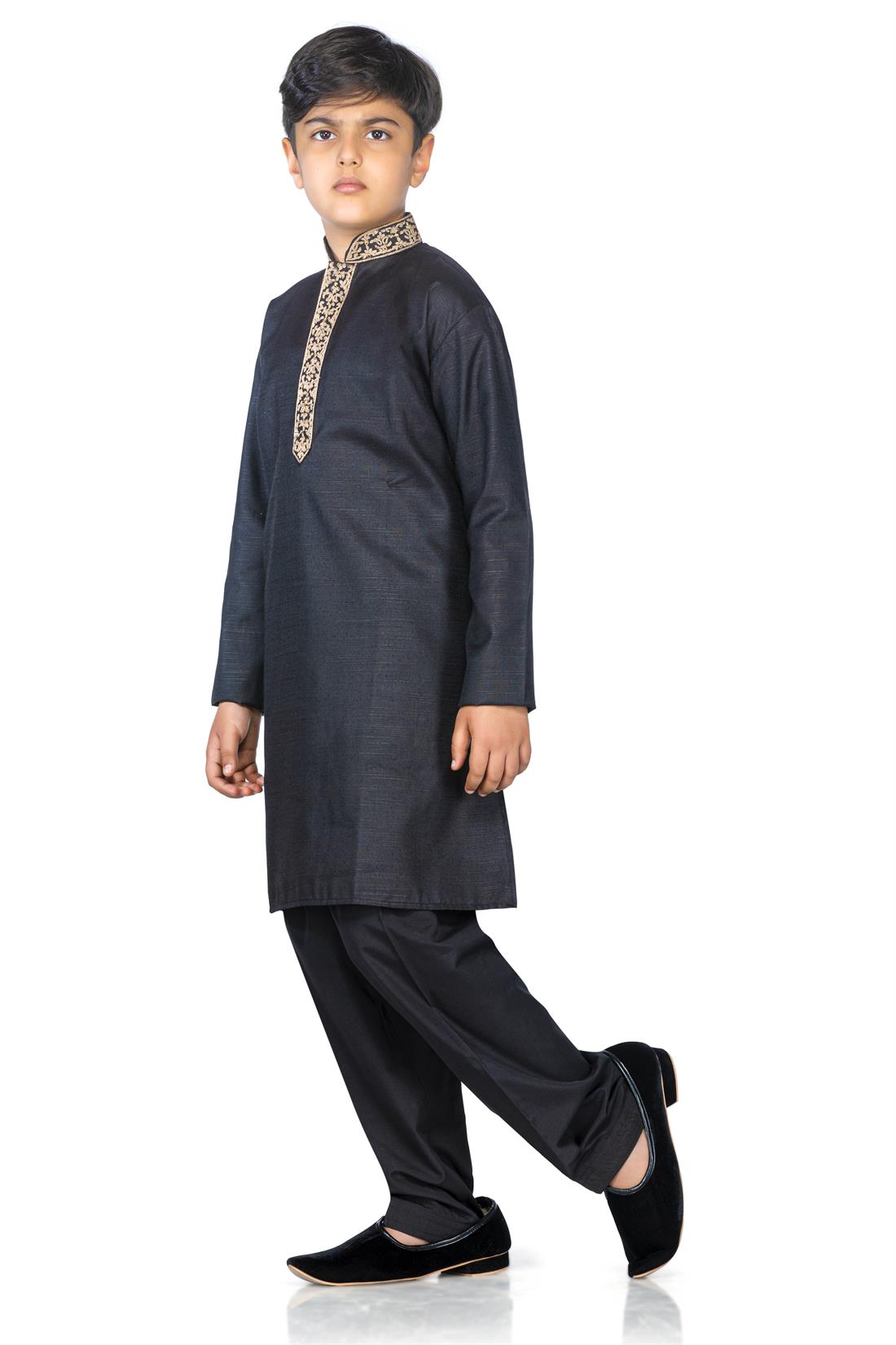Black Embroidered Silk Boys Shalwar Kameez