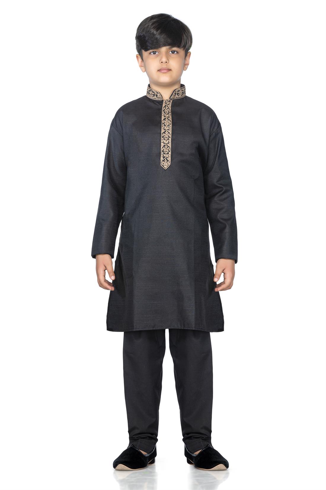 Black Embroidered Silk Boys Shalwar Kameez