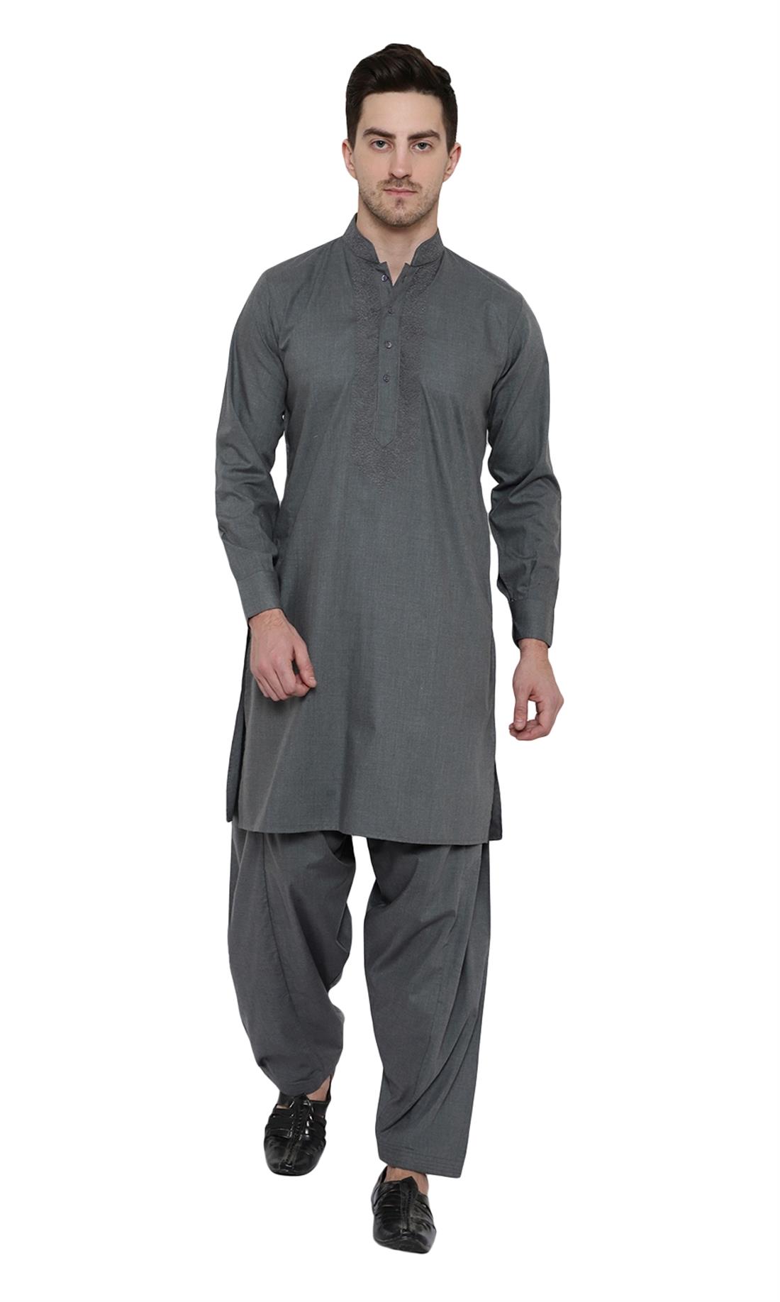 Grey Embroidered Mens Shalwar Kameez