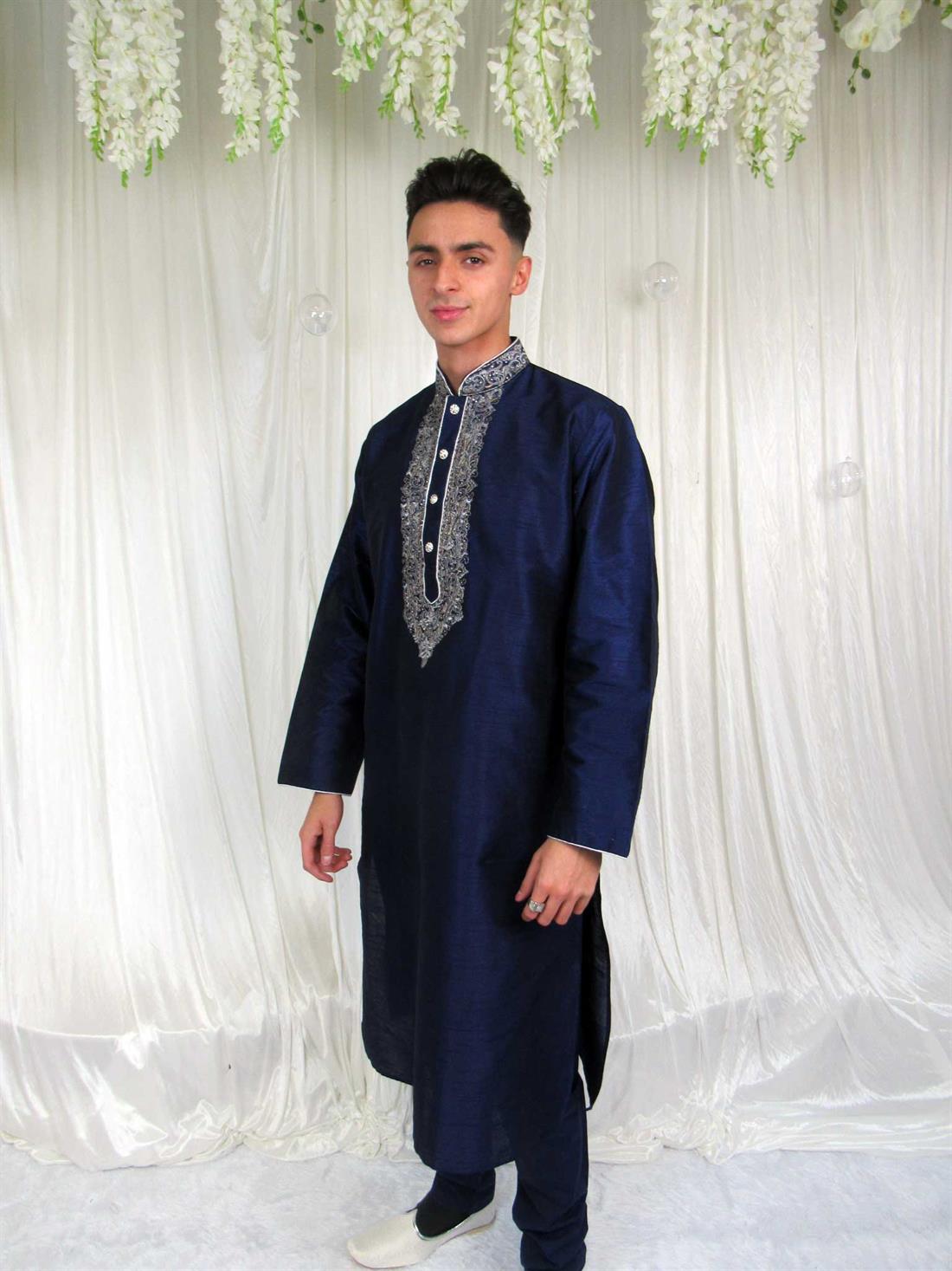 Navy Blue Embroidered Mens Kurta Pajama