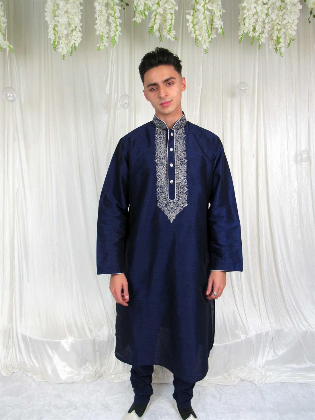 Navy Blue Embroidered Mens Kurta Pajama