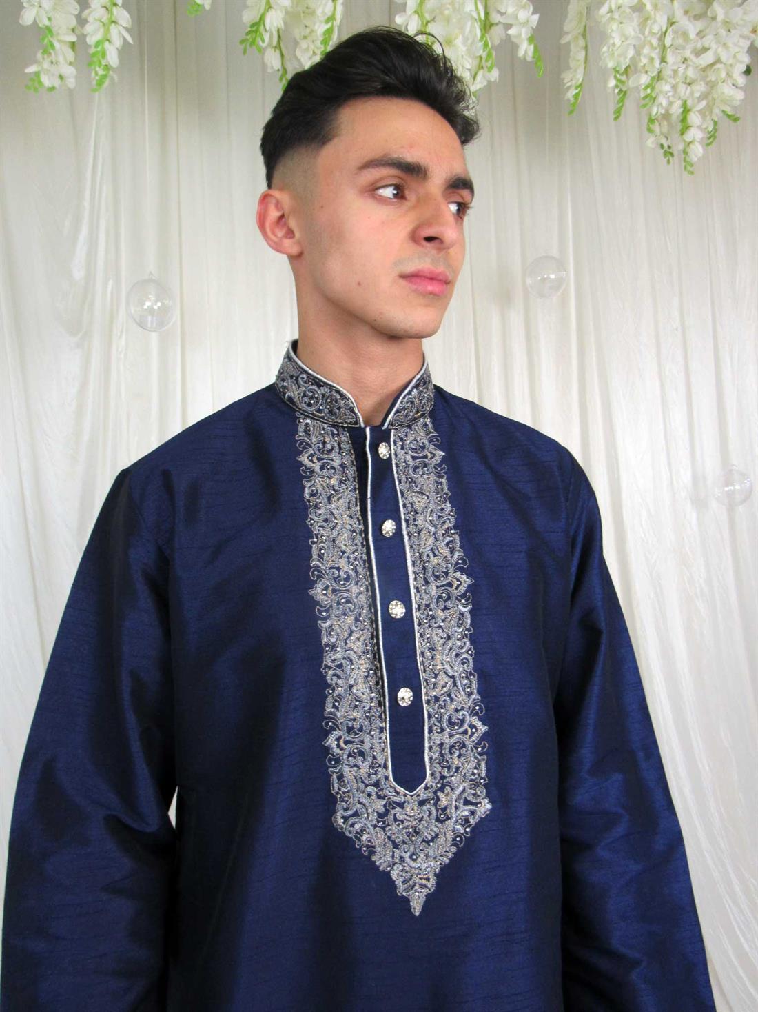 Navy Blue Embroidered Mens Kurta Pajama