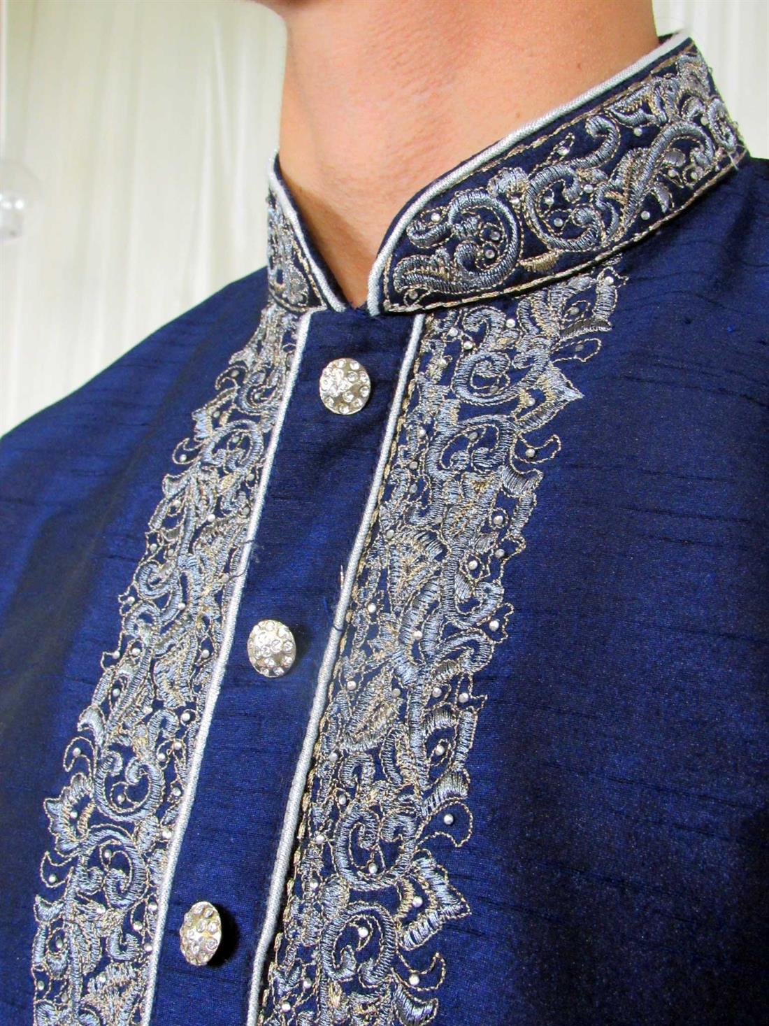 Navy Blue Embroidered Mens Kurta Pajama