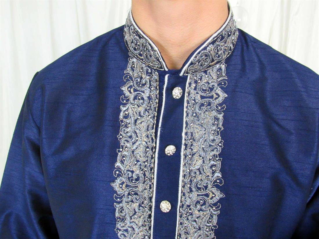 Navy Blue Embroidered Mens Kurta Pajama
