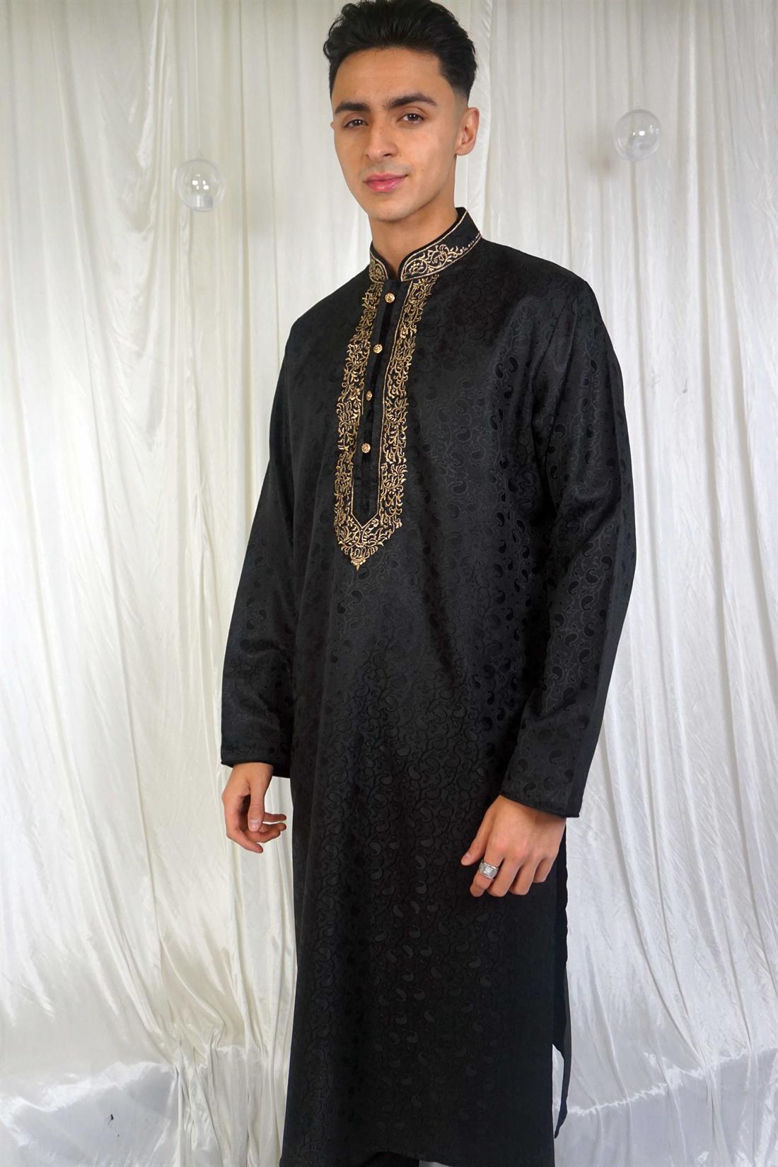 Black & Gold Embroidered Mens Kurta Pajama