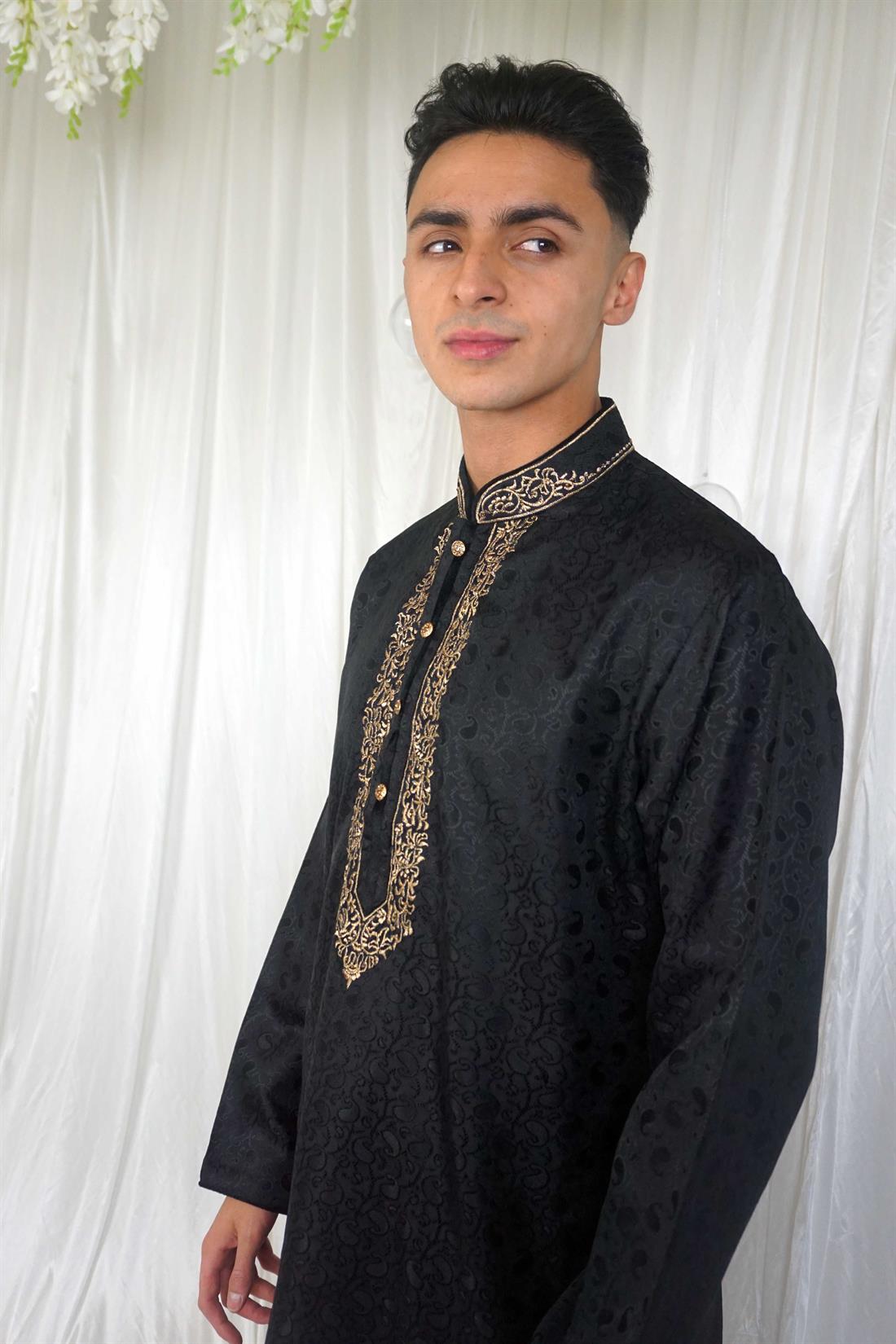Black & Gold Embroidered Mens Kurta Pajama