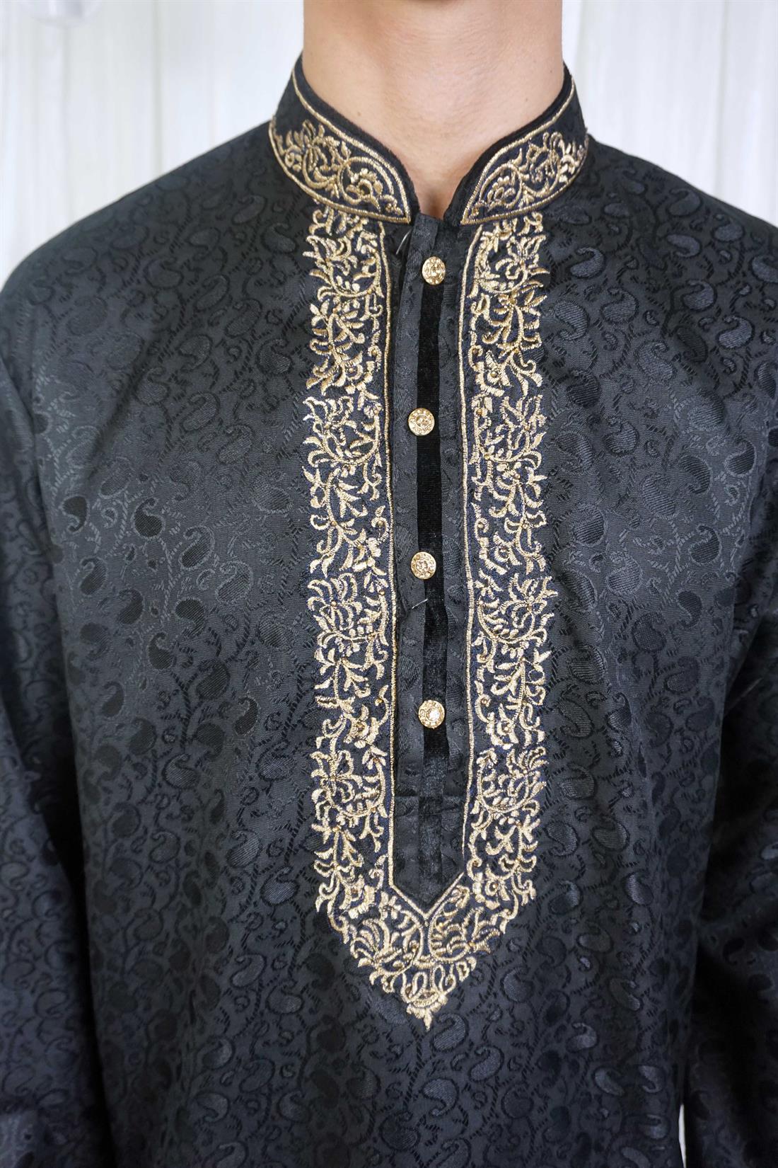 Black & Gold Embroidered Mens Kurta Pajama