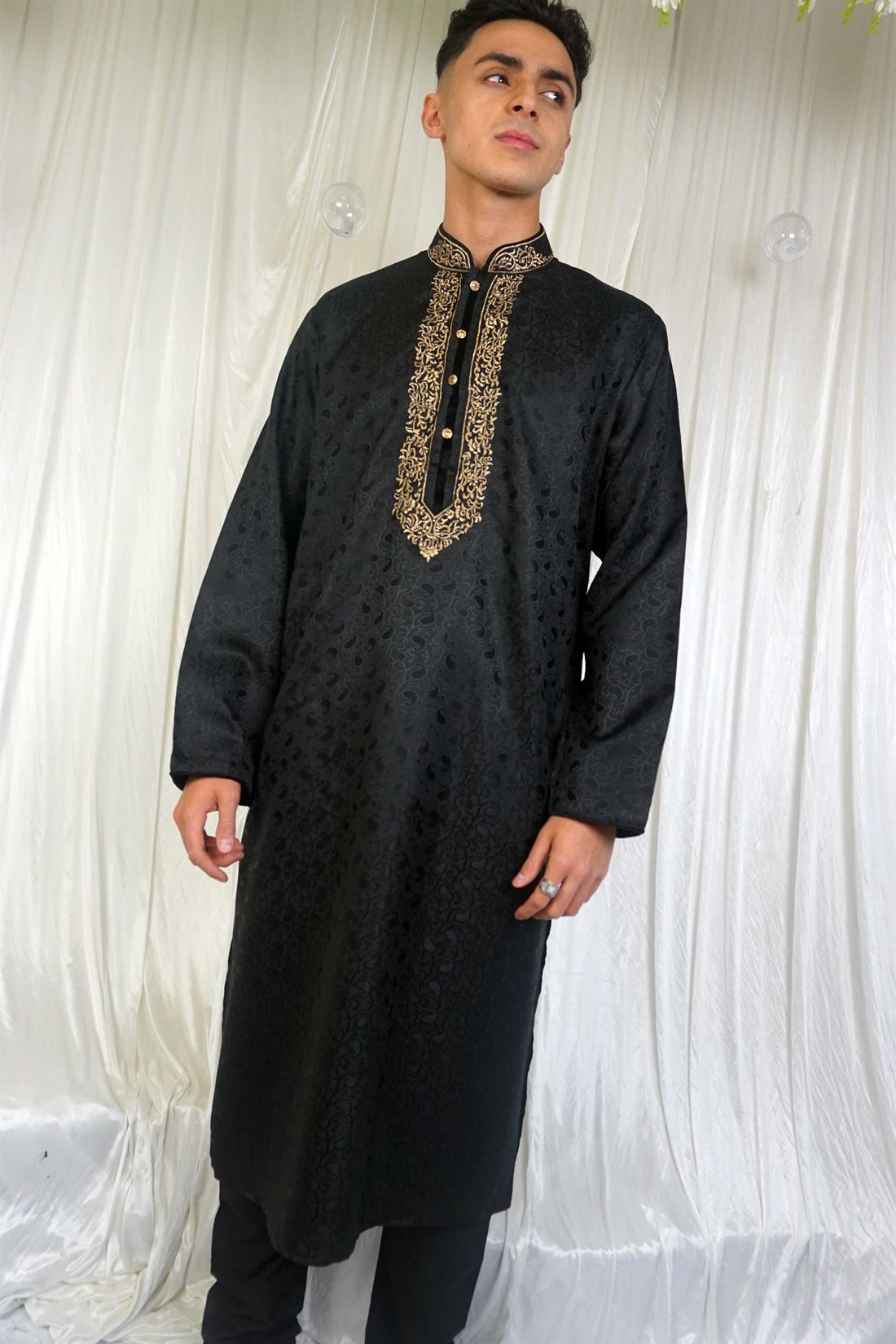 Black & Gold Embroidered Mens Kurta Pajama