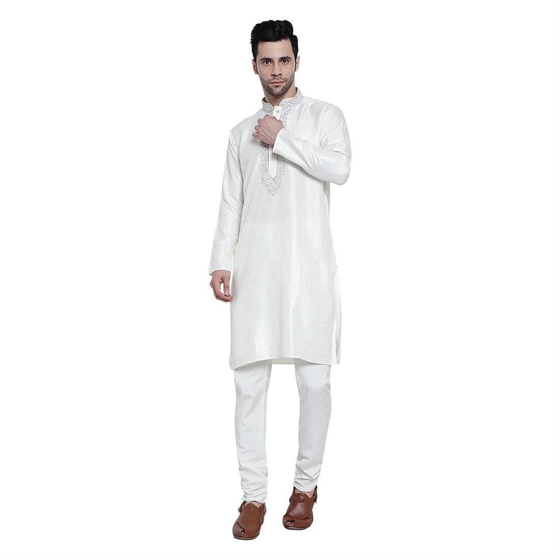 White Mens Brocade Kurta Pyjama