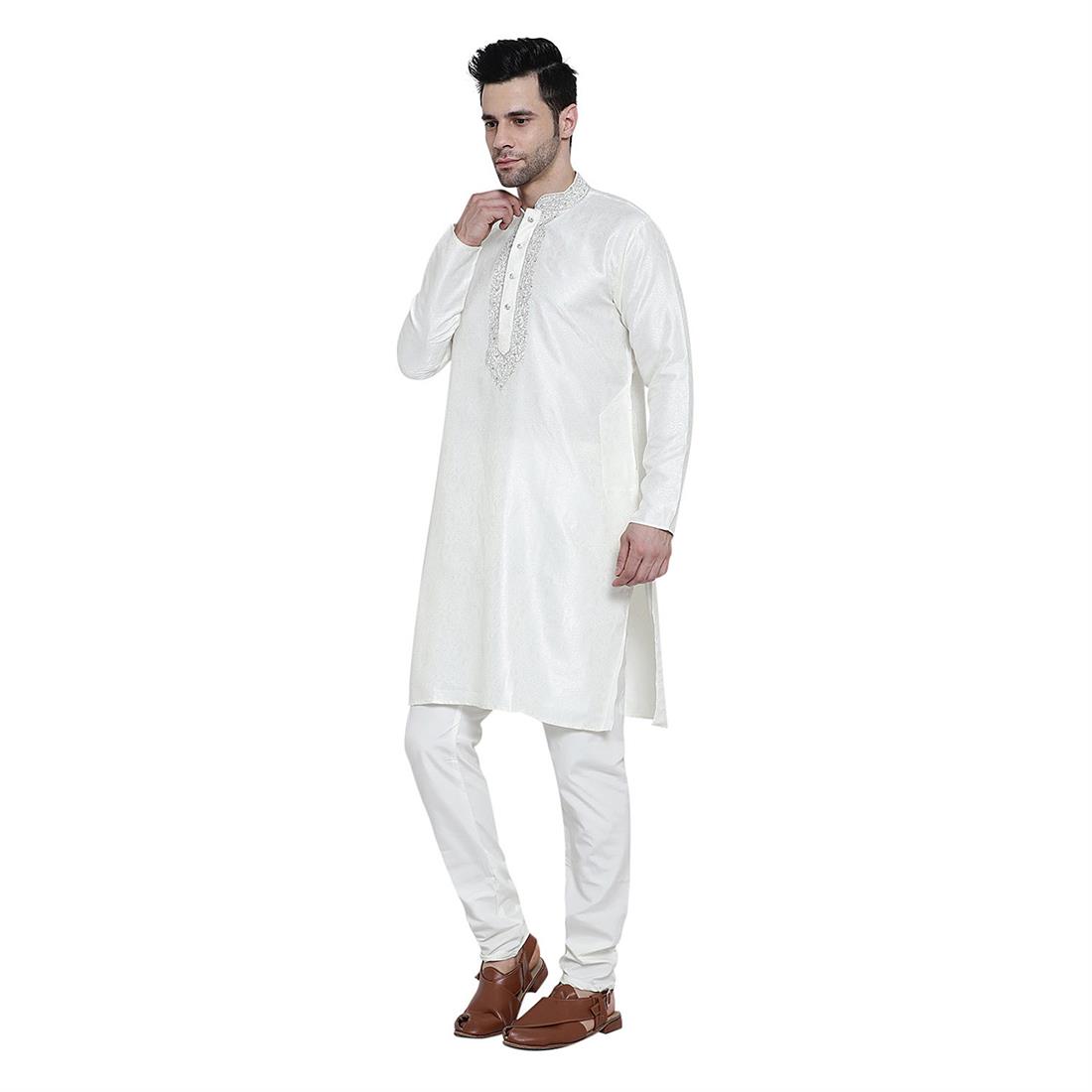 White Mens Brocade Kurta Pyjama