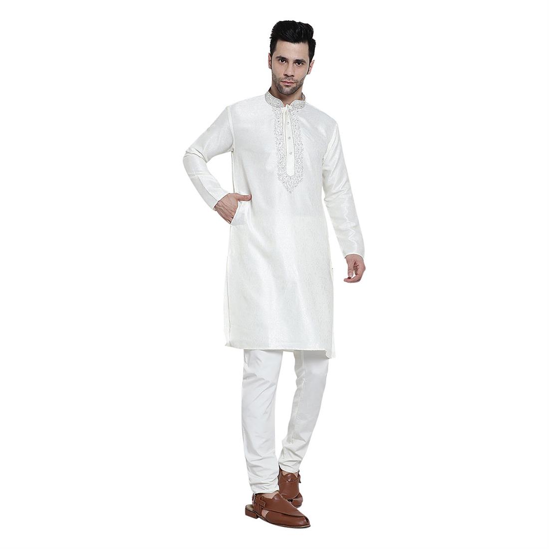 White Mens Brocade Kurta Pyjama