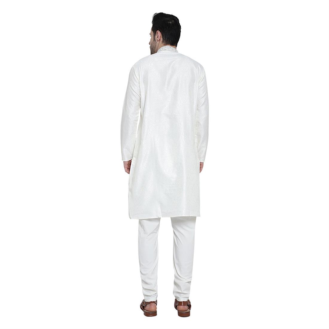 White Mens Brocade Kurta Pyjama