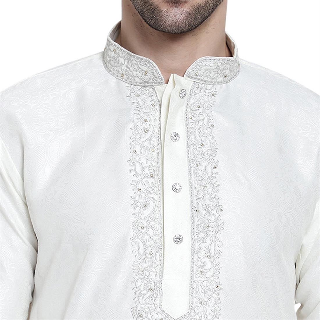 White Mens Brocade Kurta Pyjama