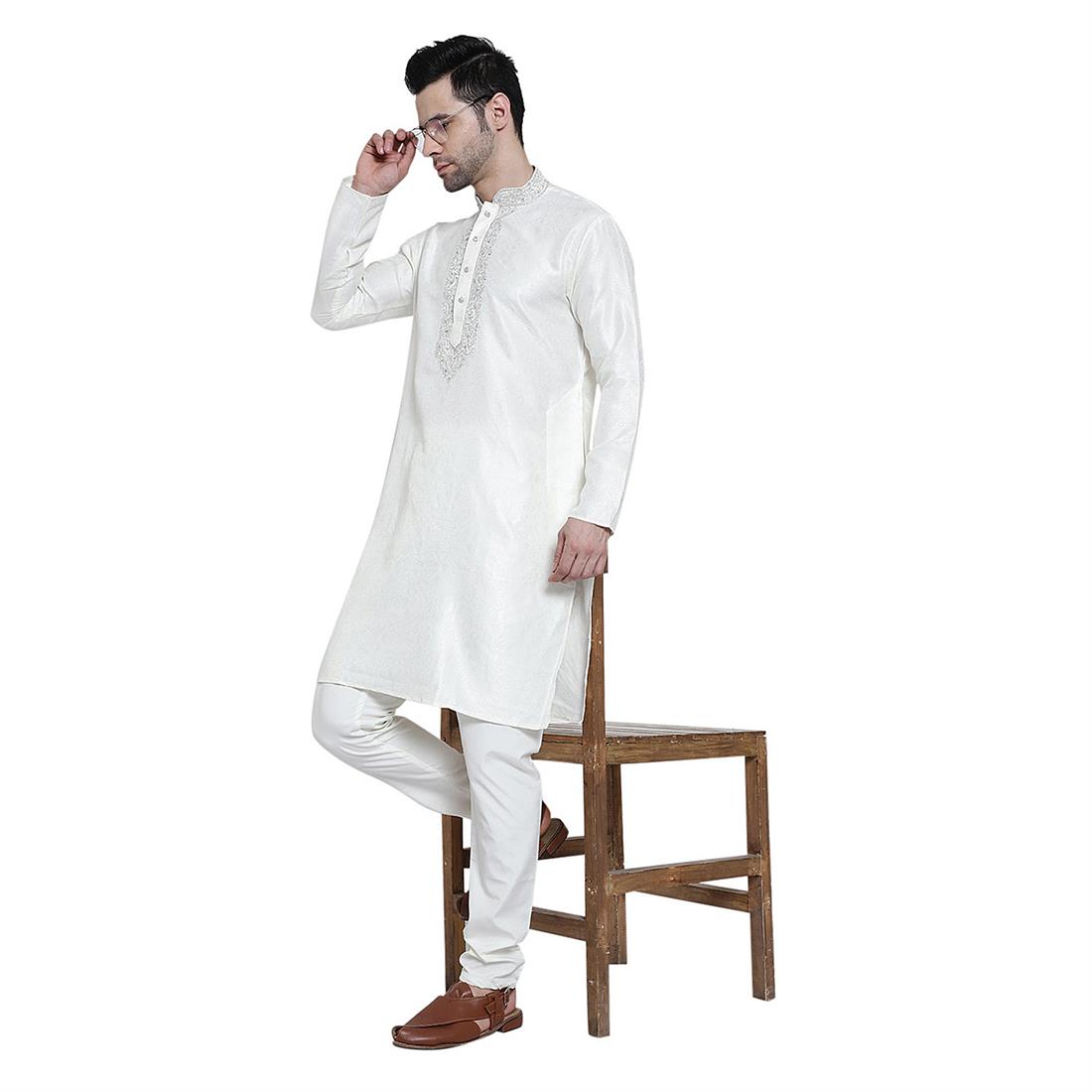 White Mens Brocade Kurta Pyjama