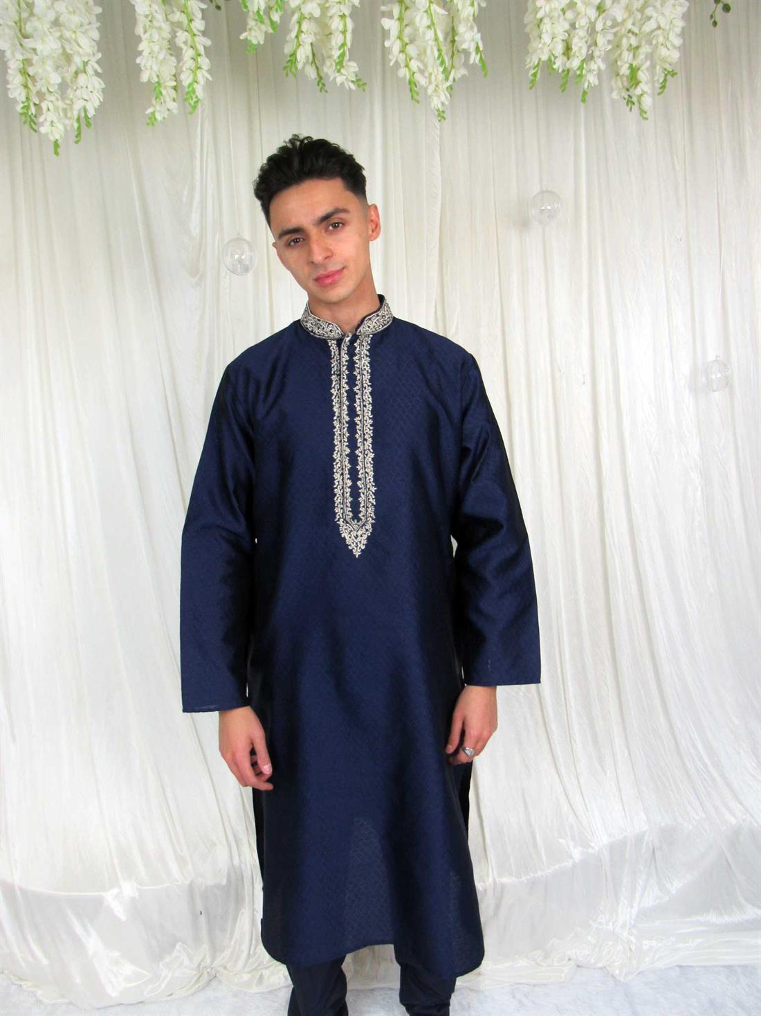 Navy Blue Embroidered Mens Kurta Pajama