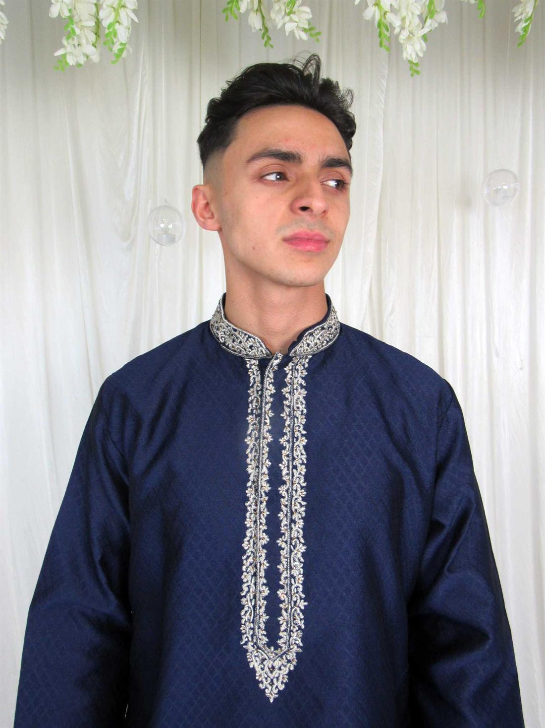 Navy Blue Embroidered Mens Kurta Pajama