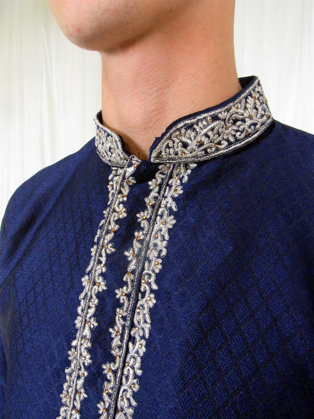 Navy Blue Embroidered Mens Kurta Pajama