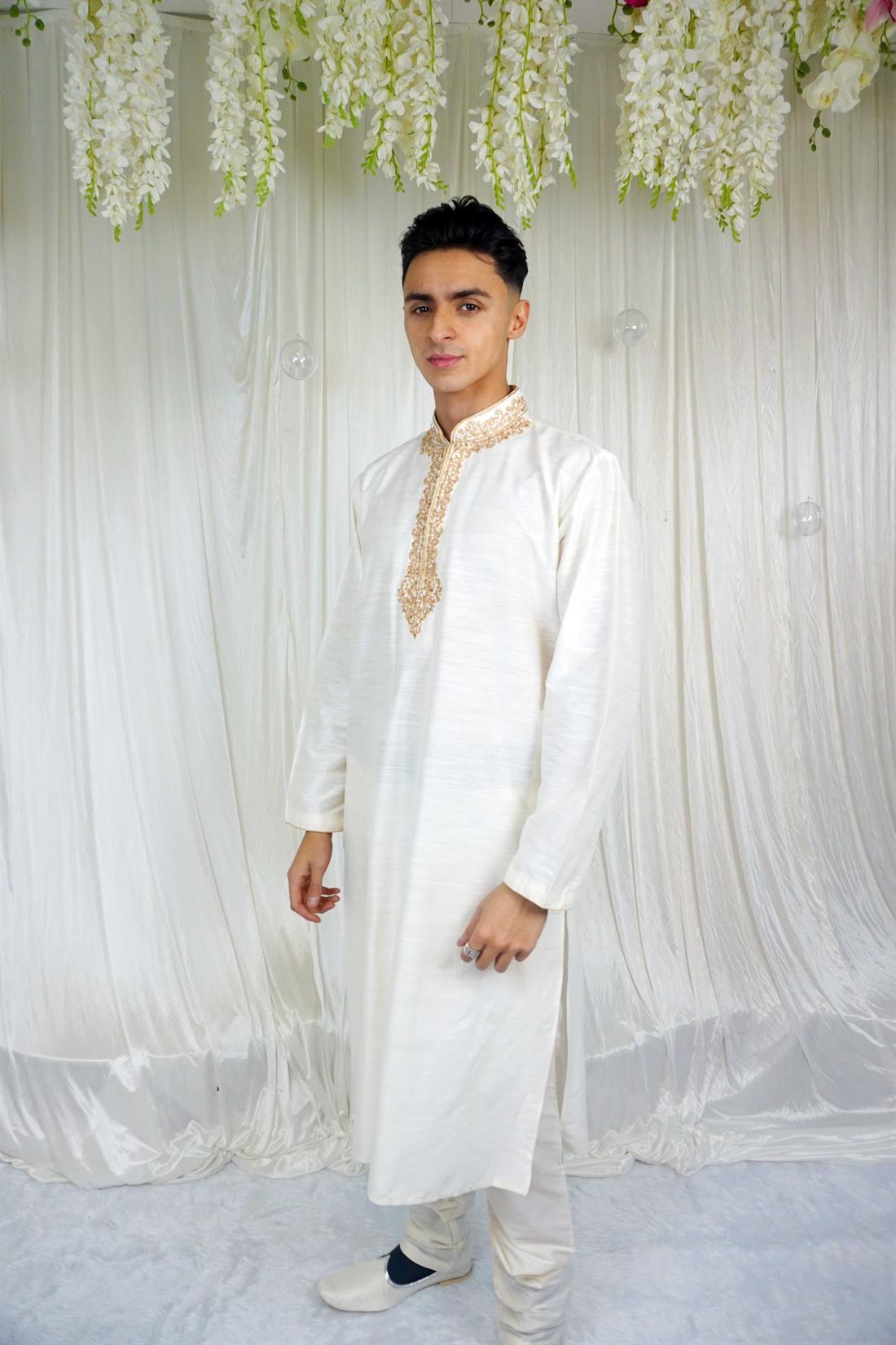 Cream Embroidered Mens Kurta Pajama