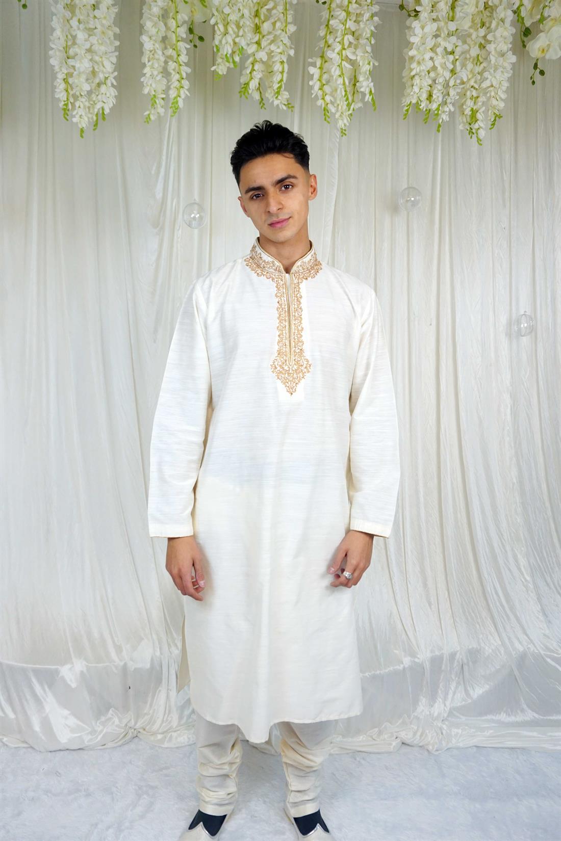Cream Embroidered Mens Kurta Pajama