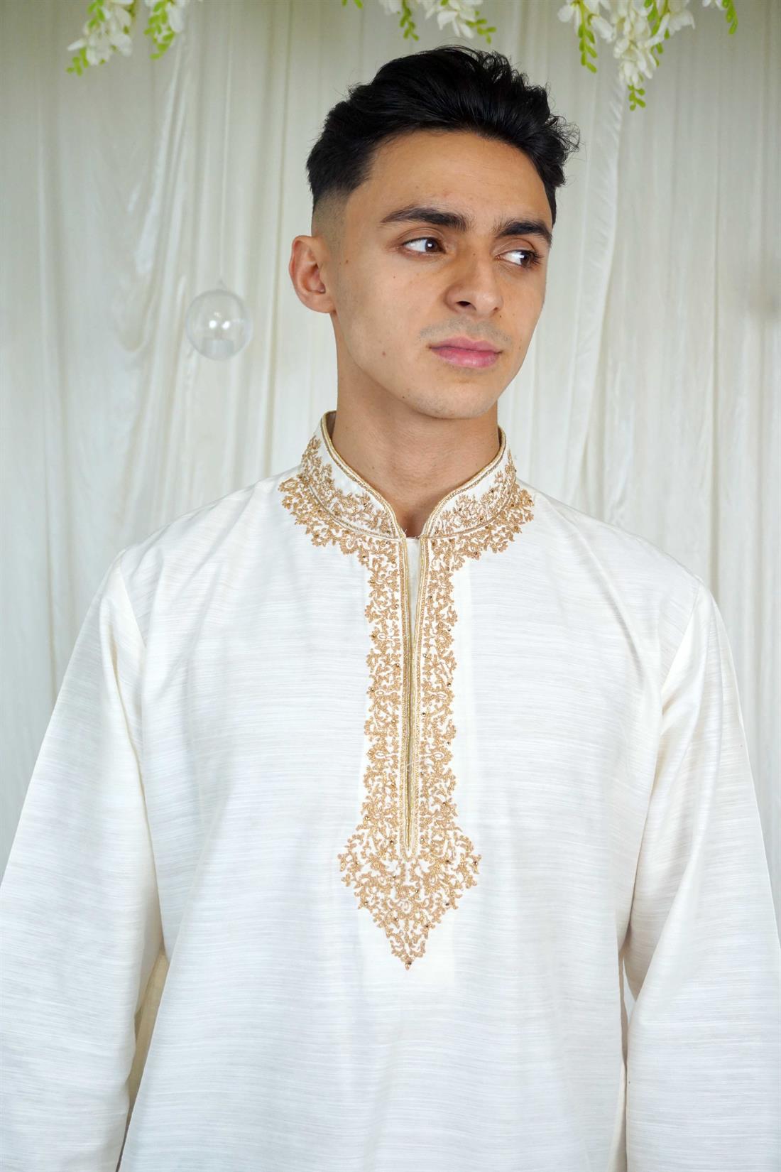 Cream Embroidered Mens Kurta Pajama