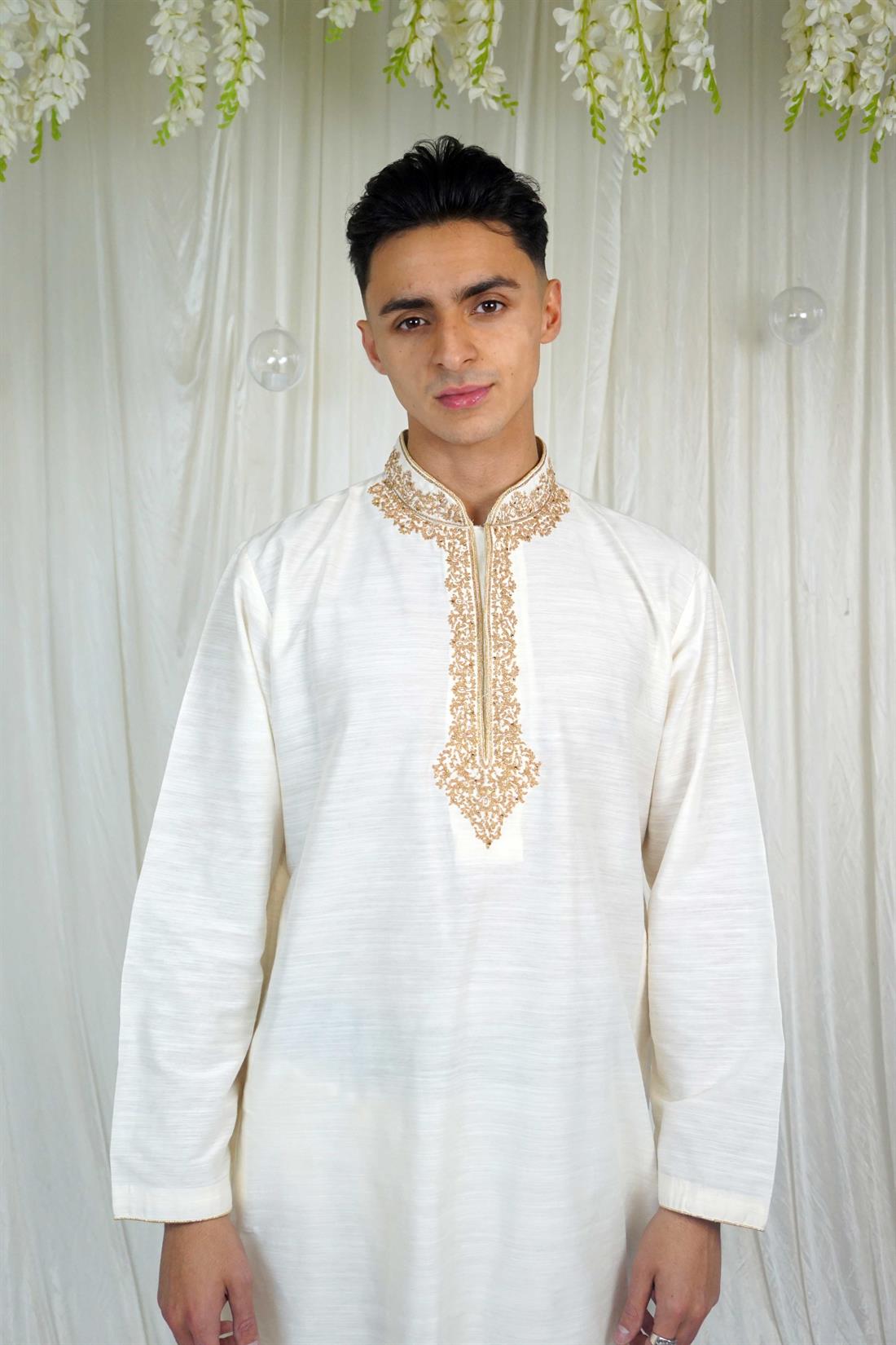 Cream Embroidered Mens Kurta Pajama