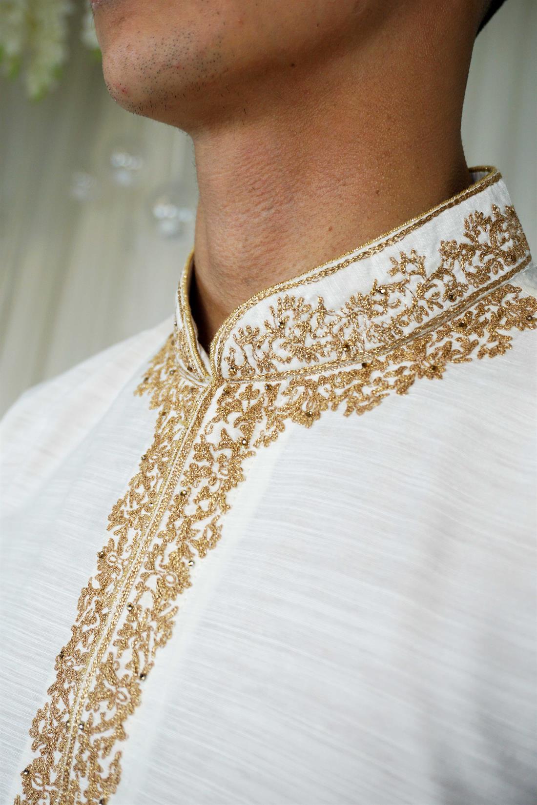Cream Embroidered Mens Kurta Pajama