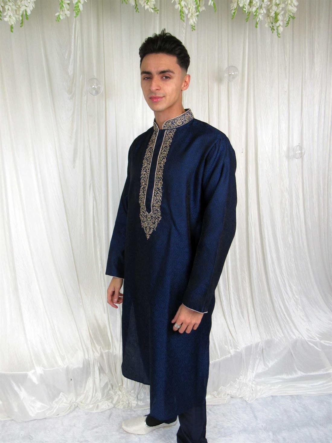 Navy Blue Embroidered Mens Kurta Pajama