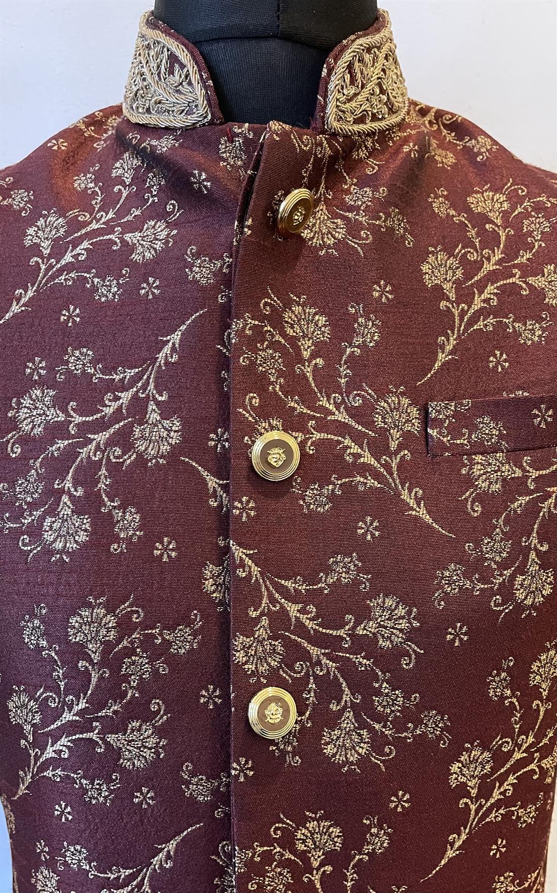 Maroon & Gold Mens Brocade Waistcoat with Embroidery