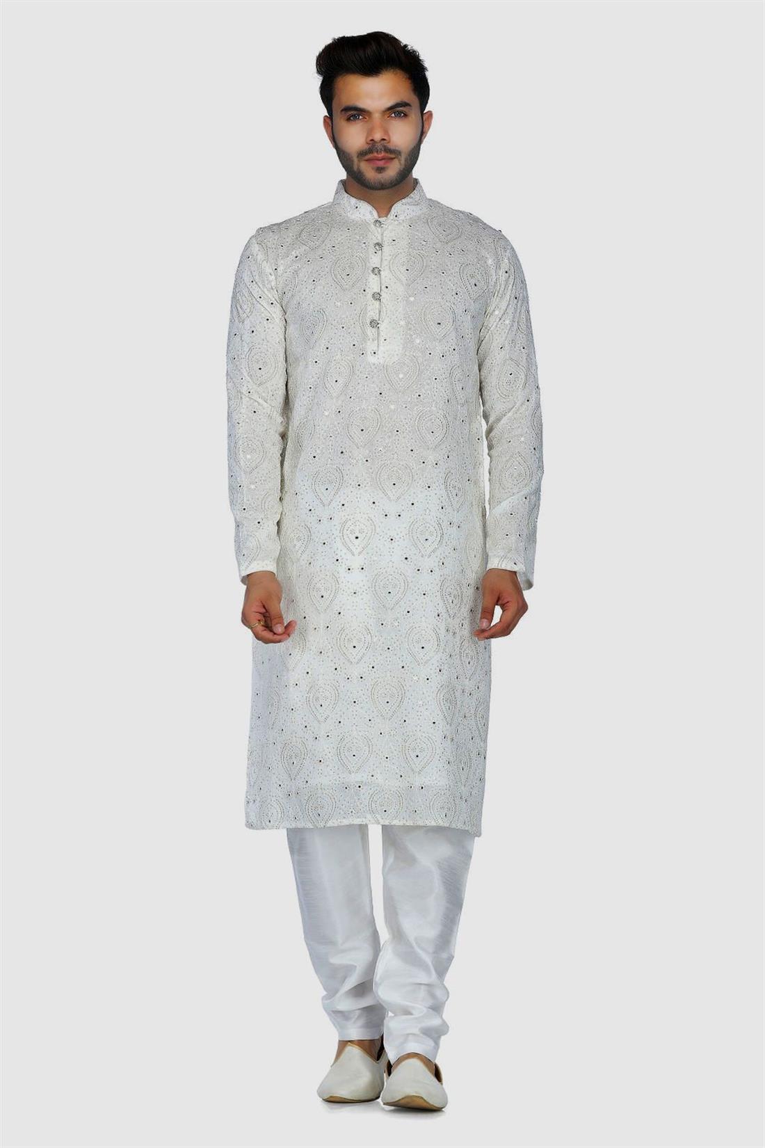 Ivory Embroidered Mens Kurta Pajama