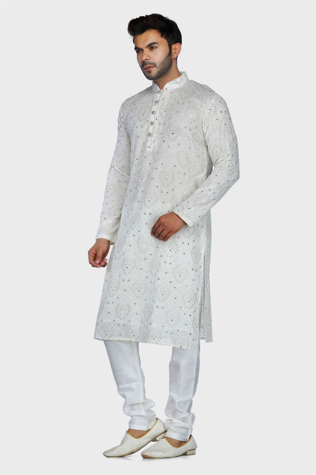 Ivory Embroidered Mens Kurta Pajama