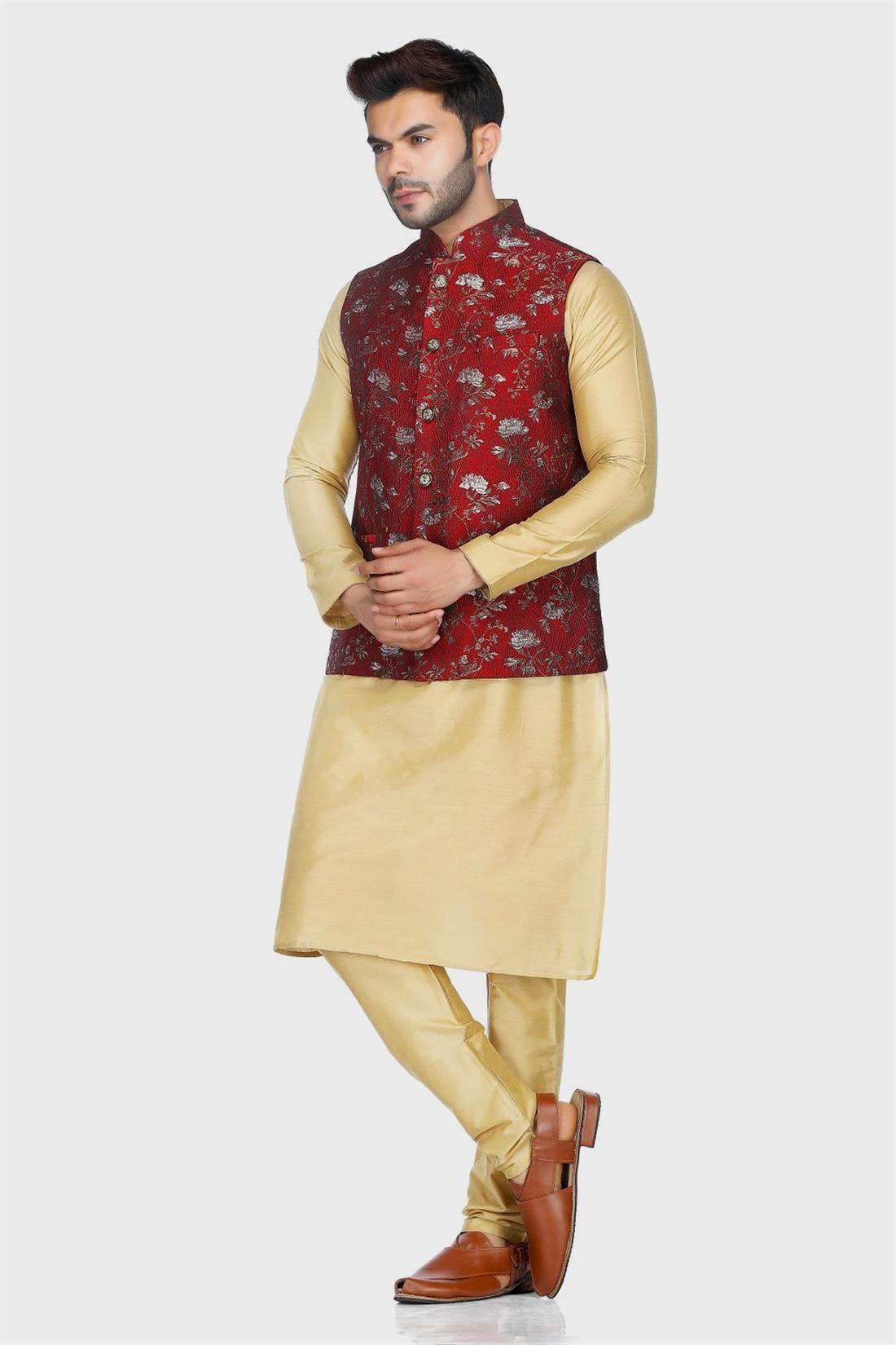 Maroon Mens Brocade Waistcoat