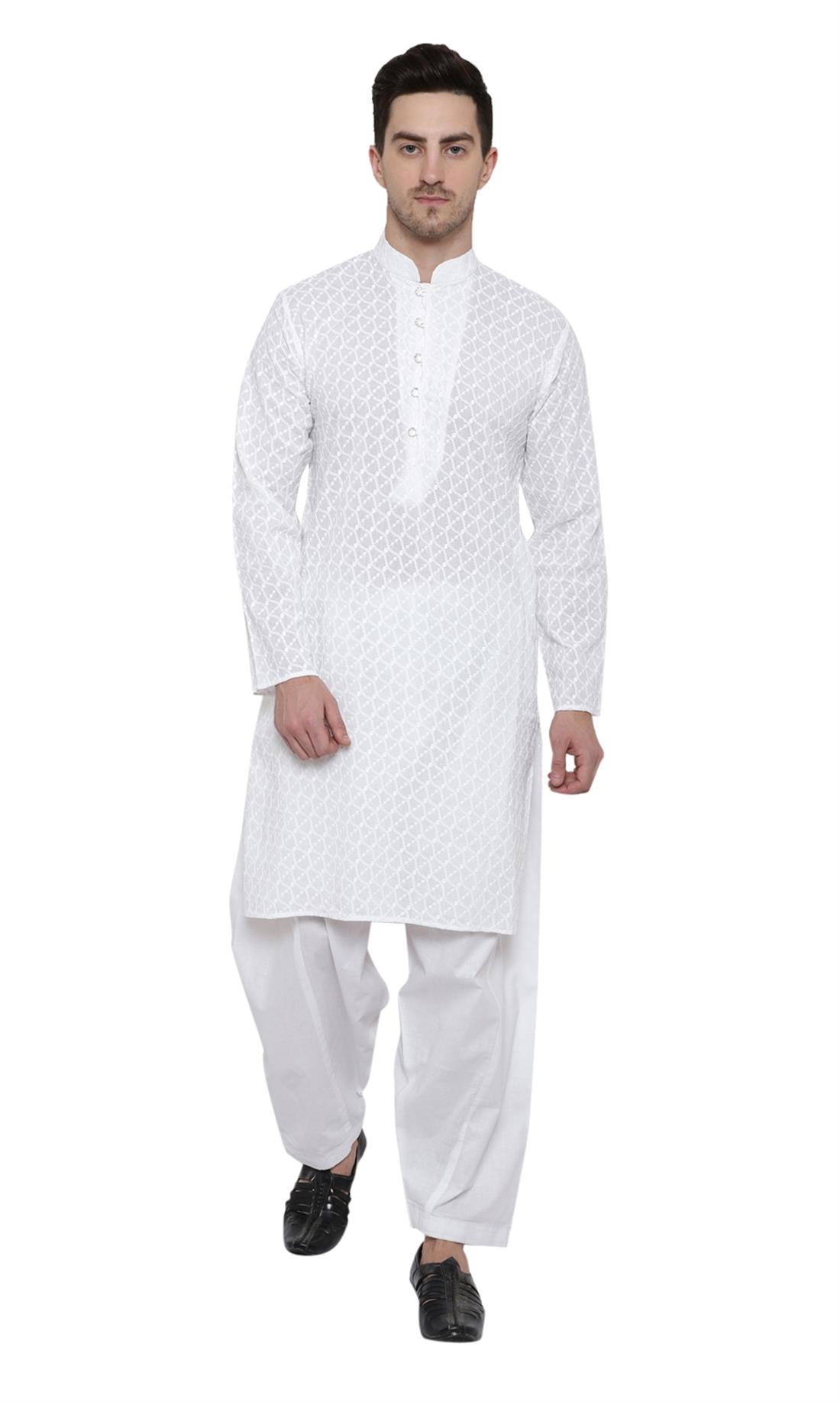 White Printed Cotton Mens Shalwar Kameez